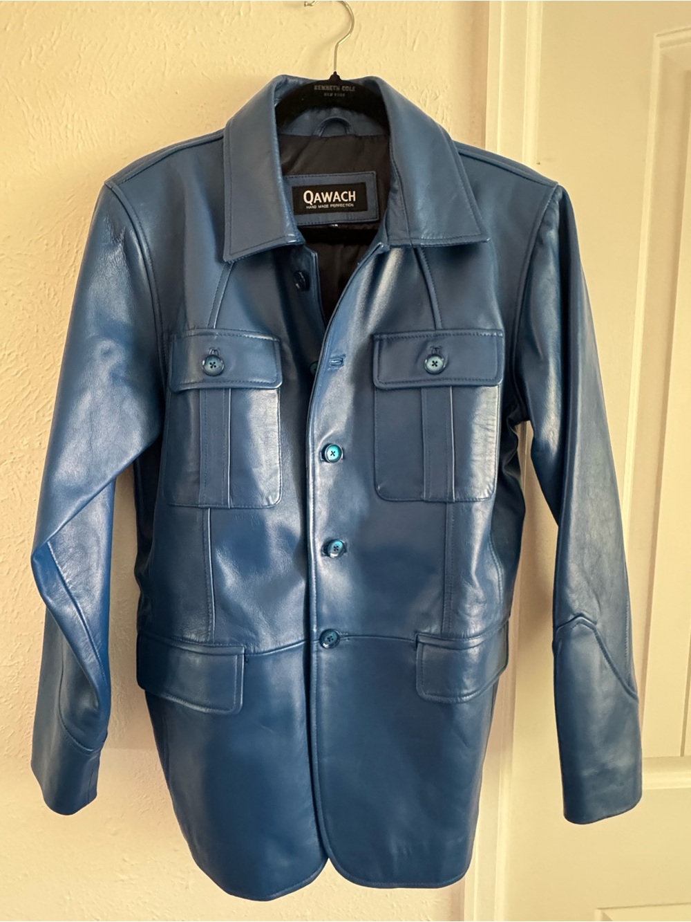 Qawach Women's Deep Blue Leather Vintage Button-Front Jacket